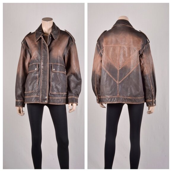 Avec Les Filles Pieced Back Leather Bomber Jacket Burnished Brown - Picture 3 of 7